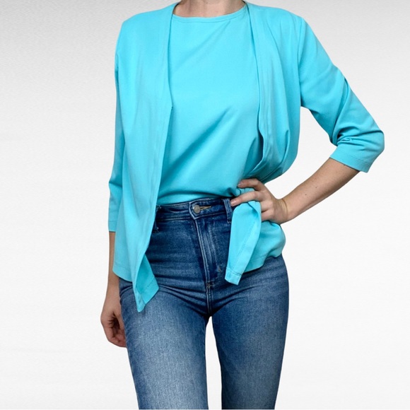 TTC 3pc Set Aqua Turquoise Open Front Cardigan Matching Striped/Solid Tank Tops - Picture 14 of 16